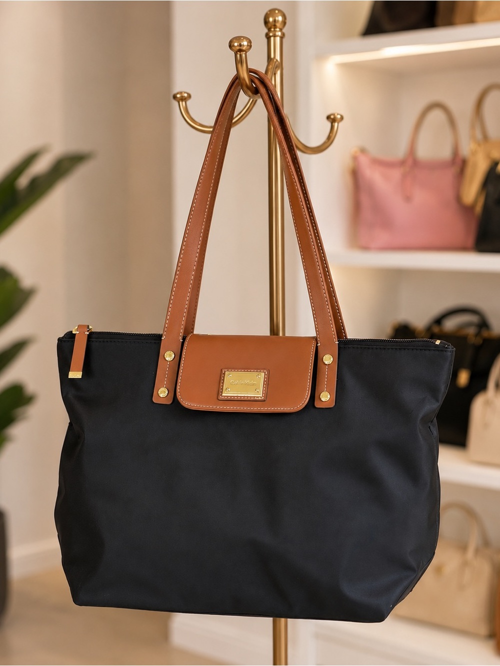 Calvin Klein Black Tote with Brown Trim